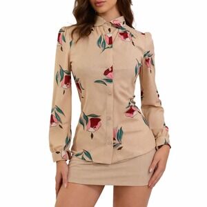 70s Vintage Floral Pointelle Knit Blouse Womens S Tan Puff Sleeve Top Office Mod